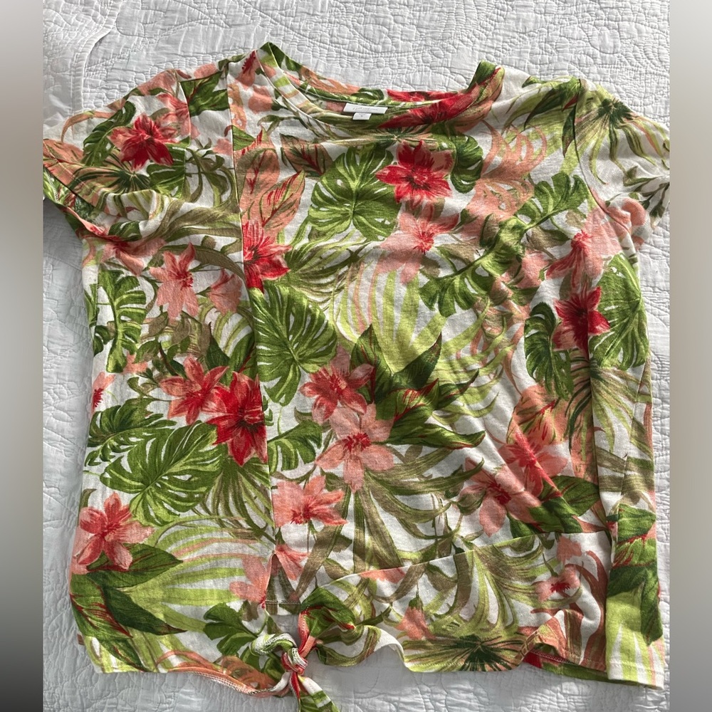 J. Jill Jungle Floral Tie-Front Linen Tunic Shirt